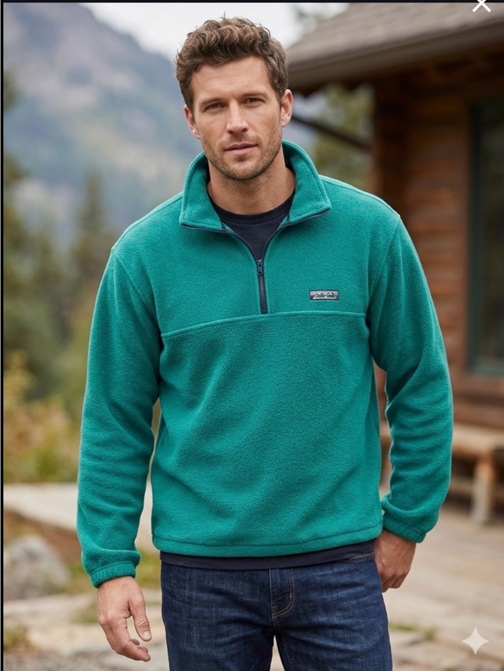 Vintage 1990s Men's Teal Quarter-Zip Fleece Pullover size medium Eddie Bauer